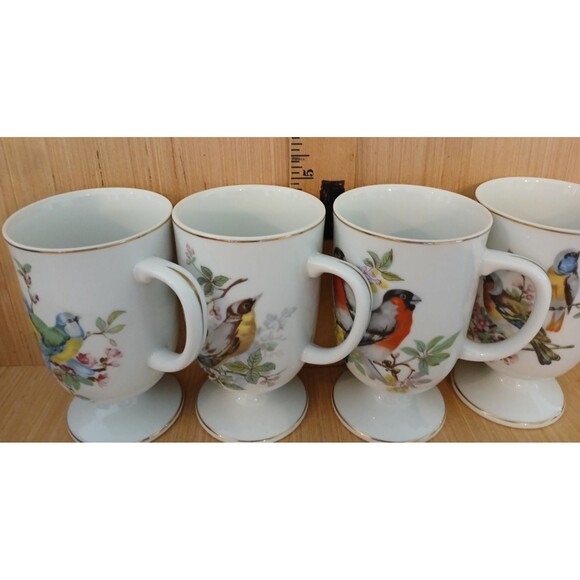 Fine Porcelain Birds Pedestal Mug Set 16 oz 4-Piece Made in Japan Vintage - Picture 12 of 16